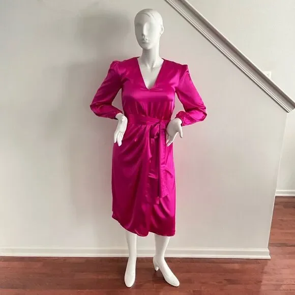 New 97% Silk Faux Wrap Elegant Vibrant Pink Taylor Tillman Long Sleeve Dress M - Picture 5 of 10